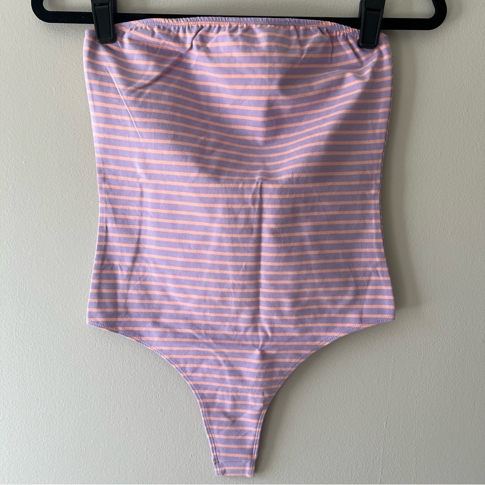 American Apparel Peach Coral Lavender Pastel Stripe Strapless Tube Top Bodysuit